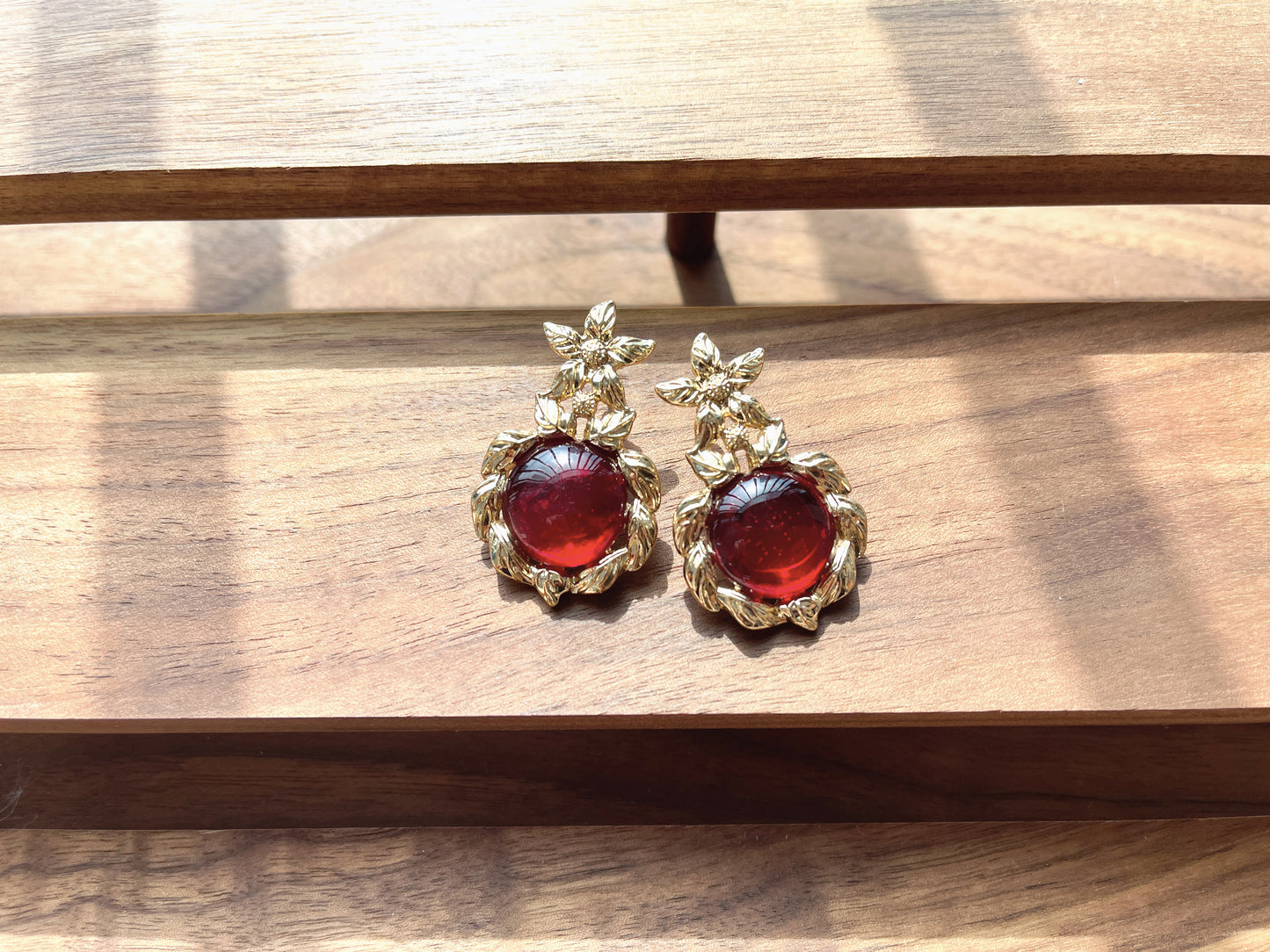 S925 Vintage Gold Red Flower Earrings