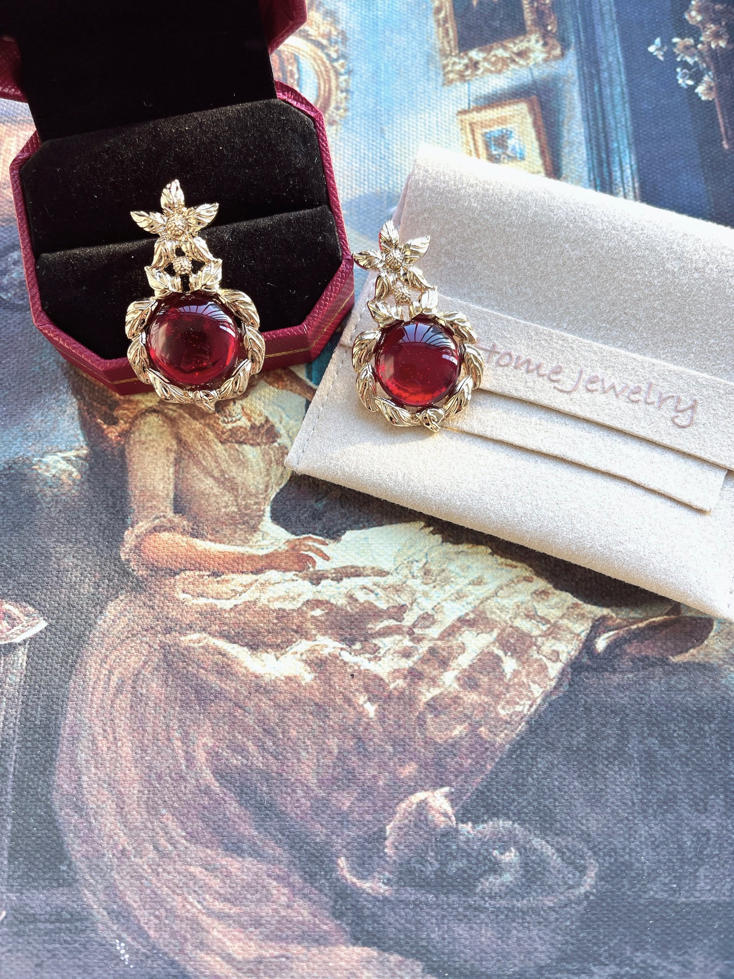 S925 Vintage Gold Red Flower Earrings
