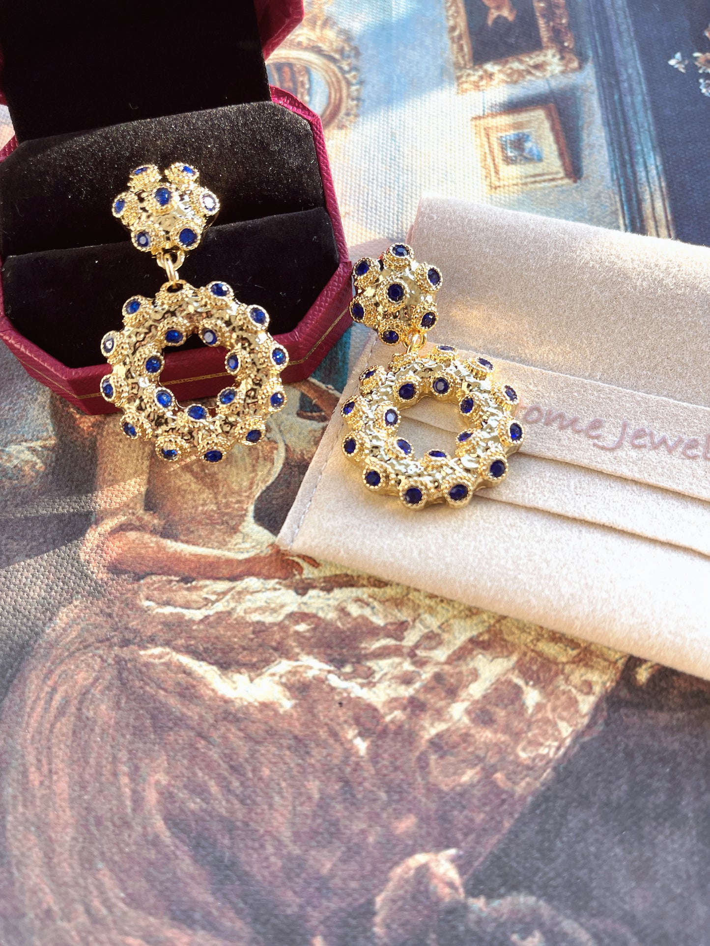 S925 Vintage Gold Rhinestone Hoop Pendant Earrings