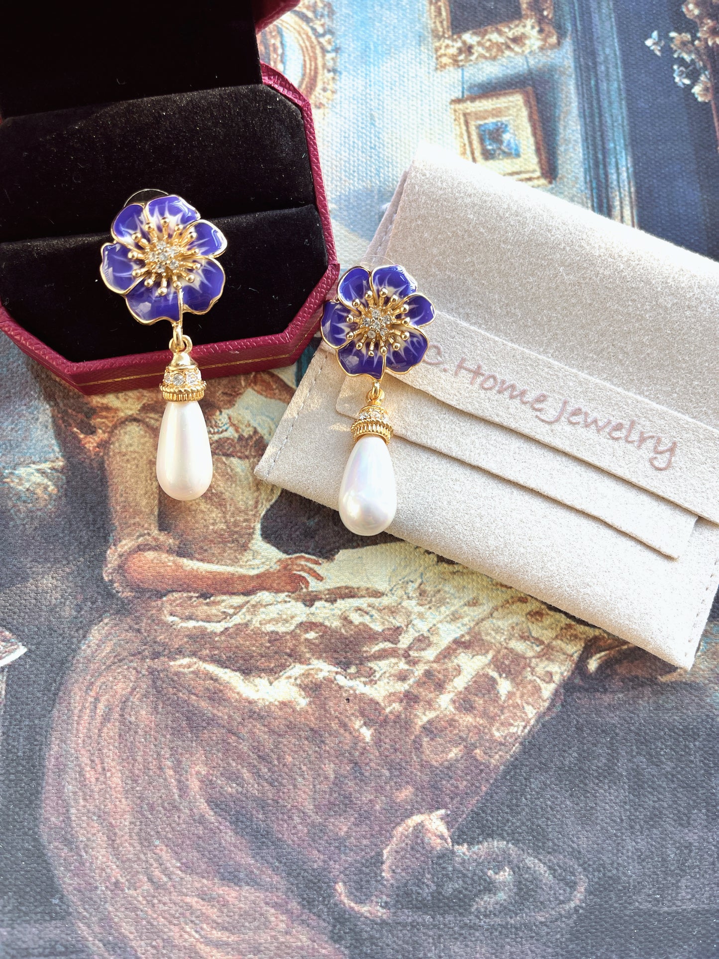 S925 Drop Glaze Vintage Flower Pearl Pendant Earrings