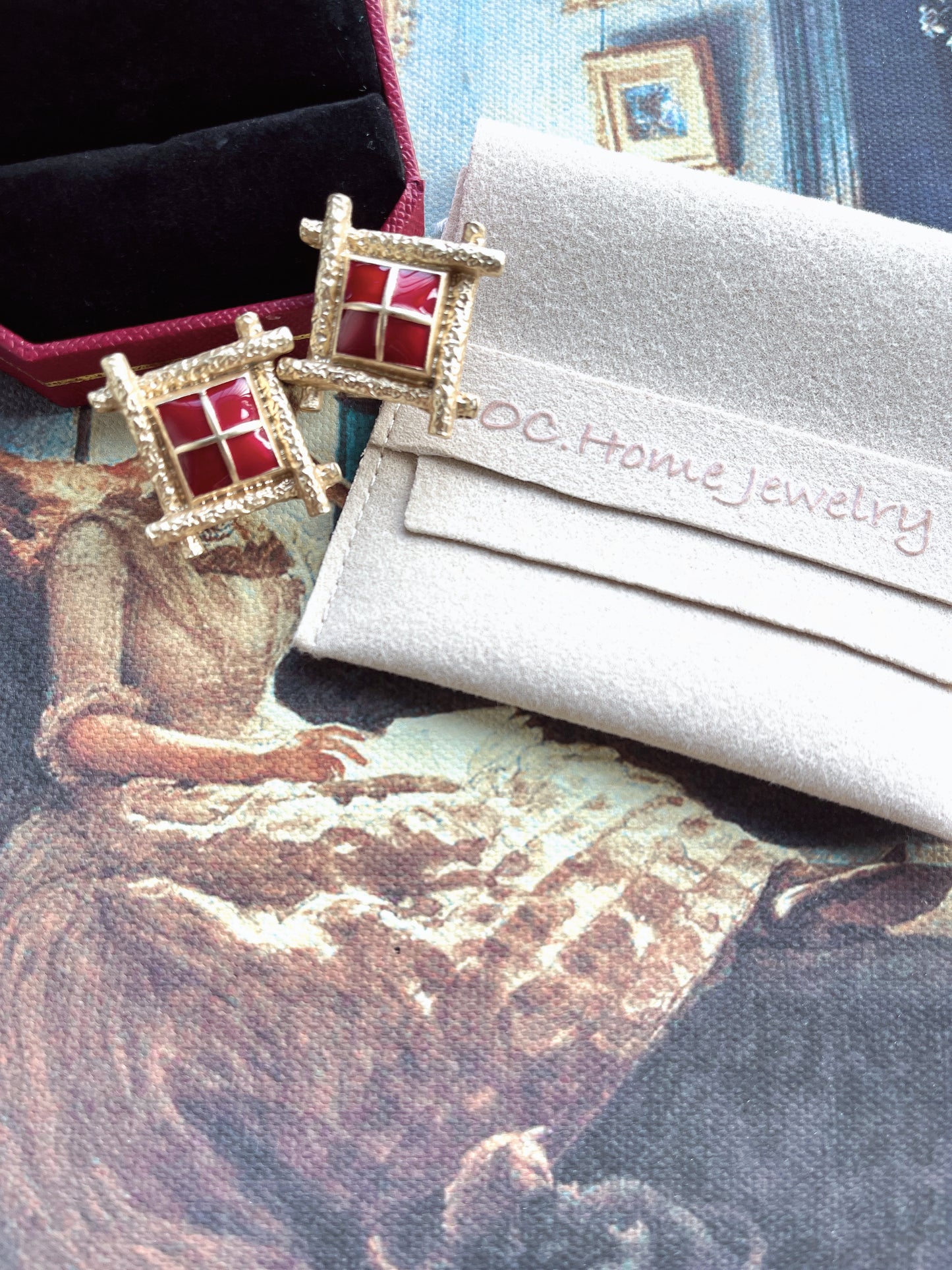 Vintage Gold Drop Glaze Square Clip Earrings