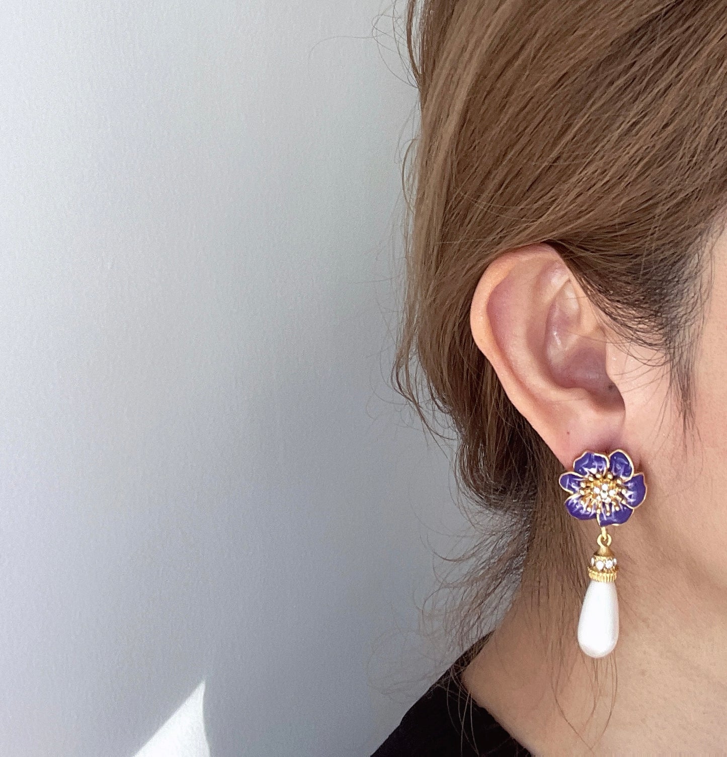 S925 Drop Glaze Vintage Flower Pearl Pendant Earrings