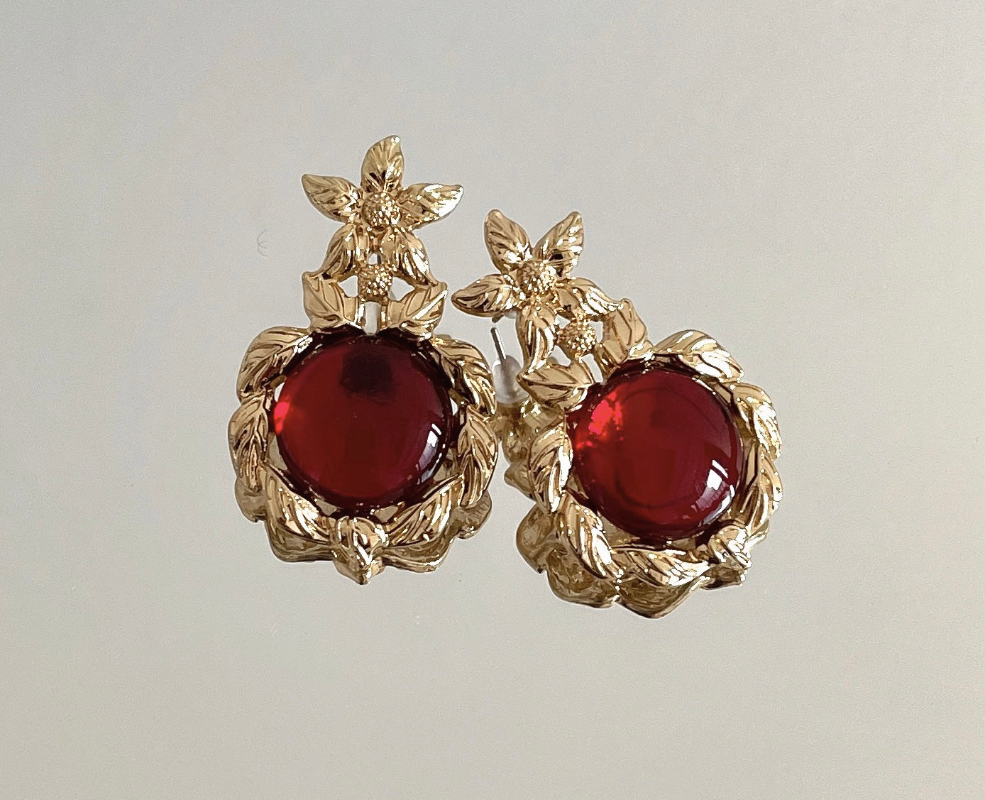 S925 Vintage Gold Red Flower Earrings