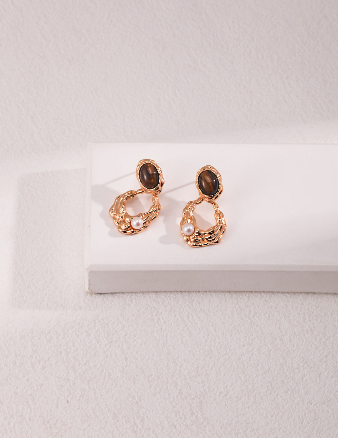 S925 Vintage gold Tiger Eye Stone Pearl Earrings
