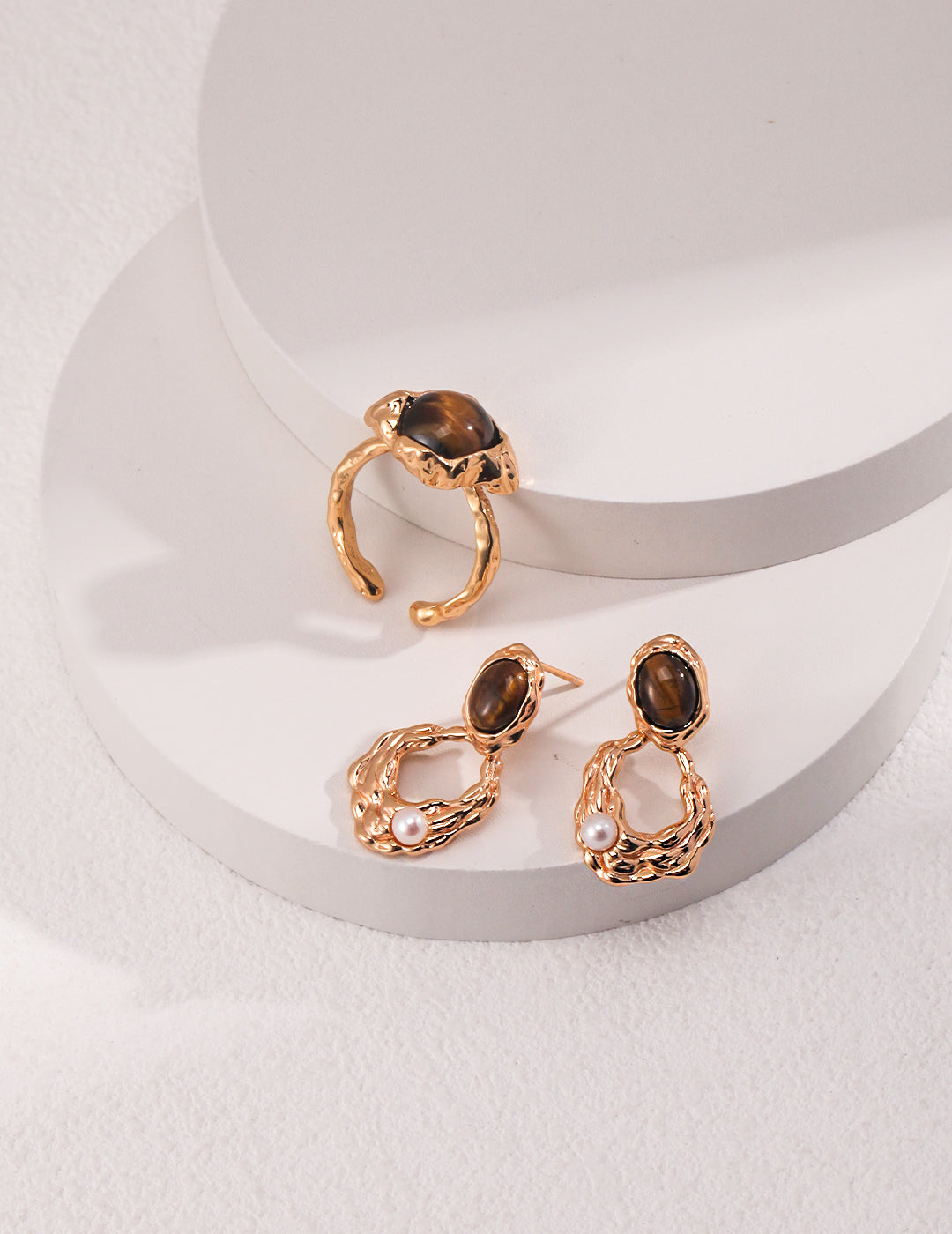 S925 Vintage gold Tiger Eye Stone Pearl Earrings