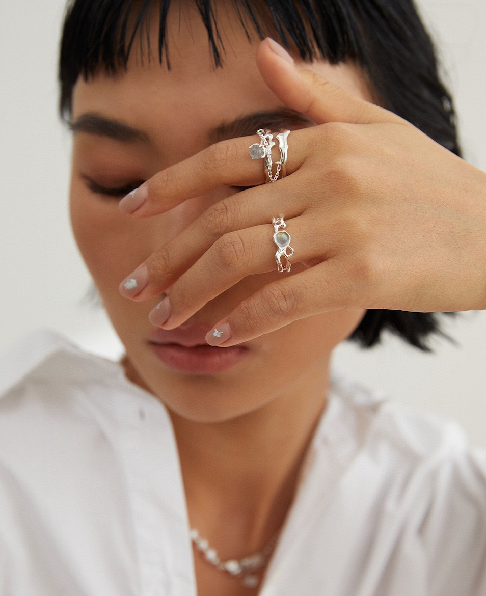 S925 Irregular Double Circle Opal Ring