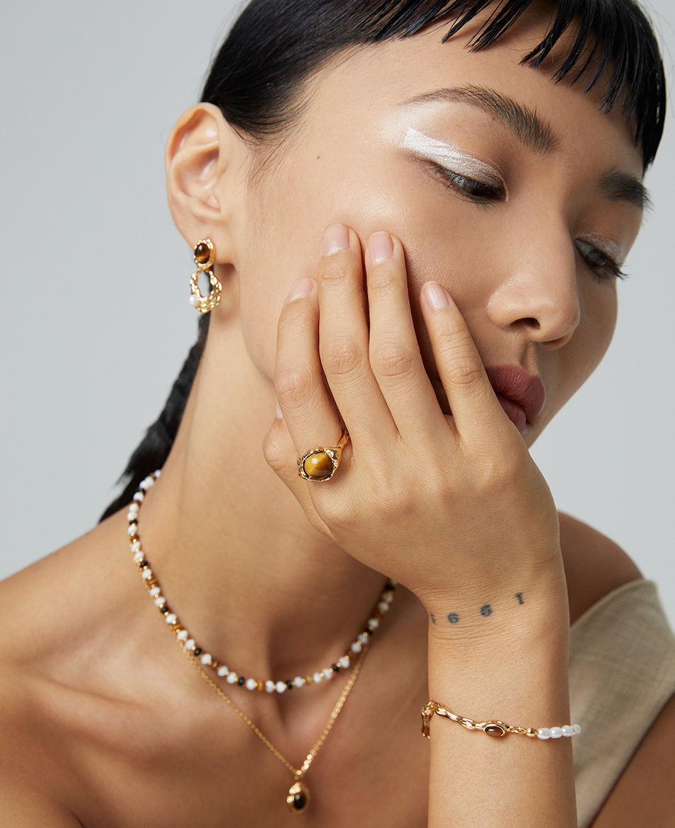 S925 Vintage gold Tiger Eye Stone Pearl Bracelet
