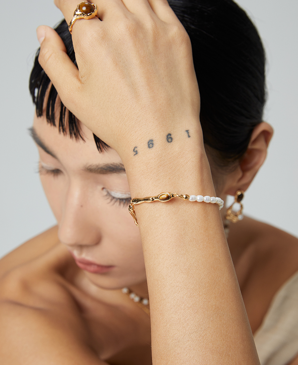 S925 Vintage gold Tiger Eye Stone Pearl Bracelet