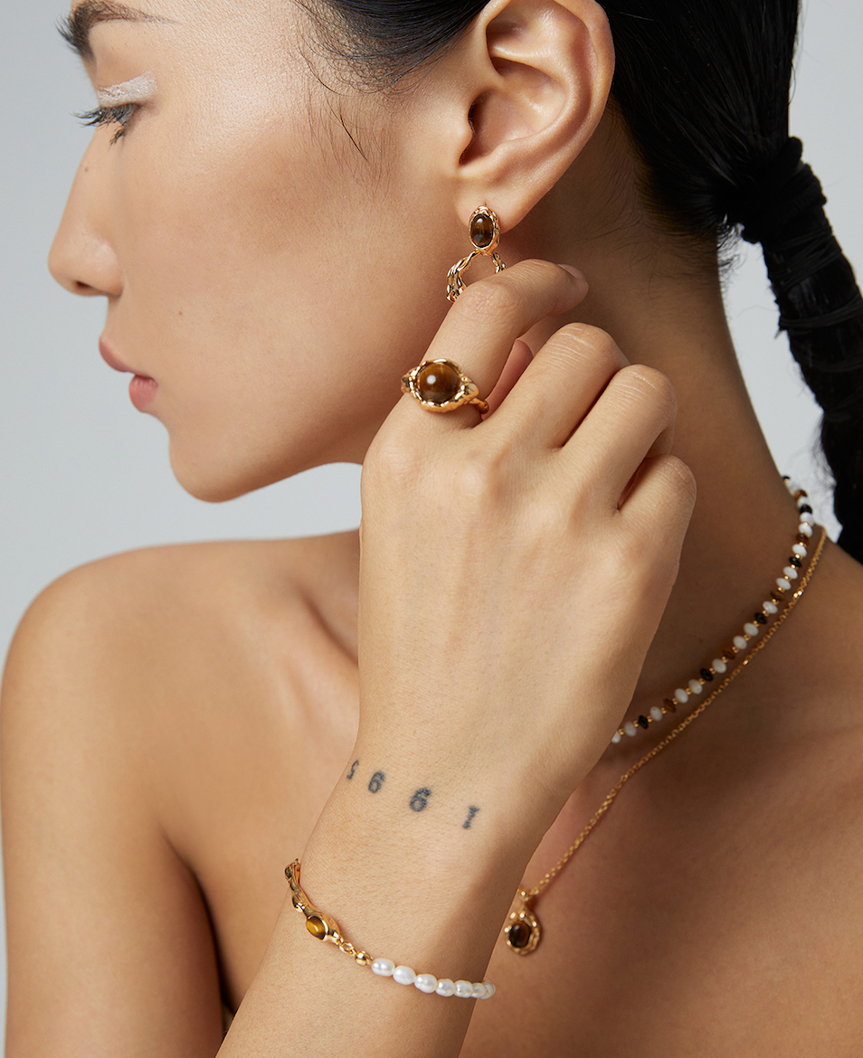 S925 Vintage gold Tiger Eye Stone Pearl Bracelet
