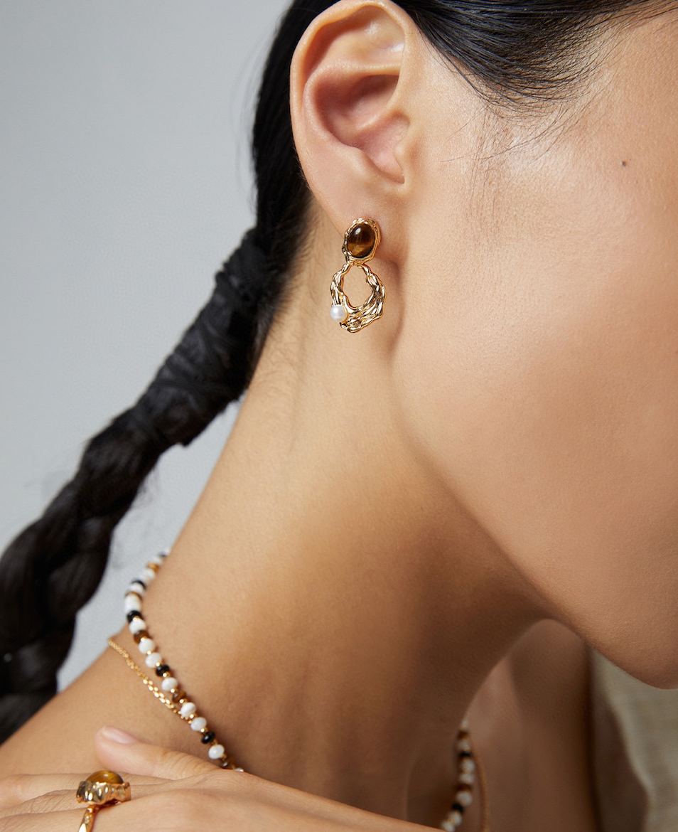 S925 Vintage gold Tiger Eye Stone Pearl Earrings