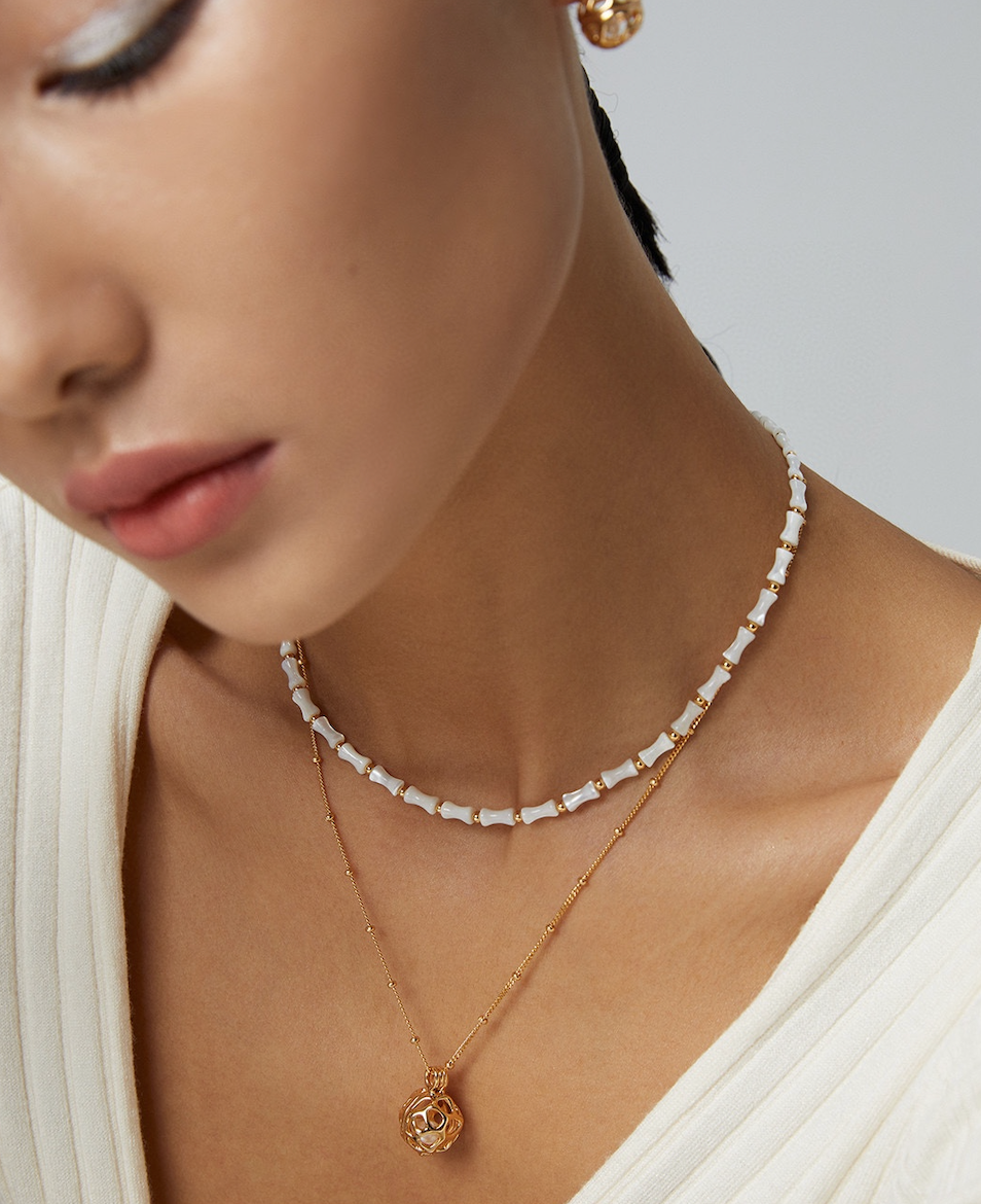 S925 Vintage Gold Bamboo Knot Stone Necklace