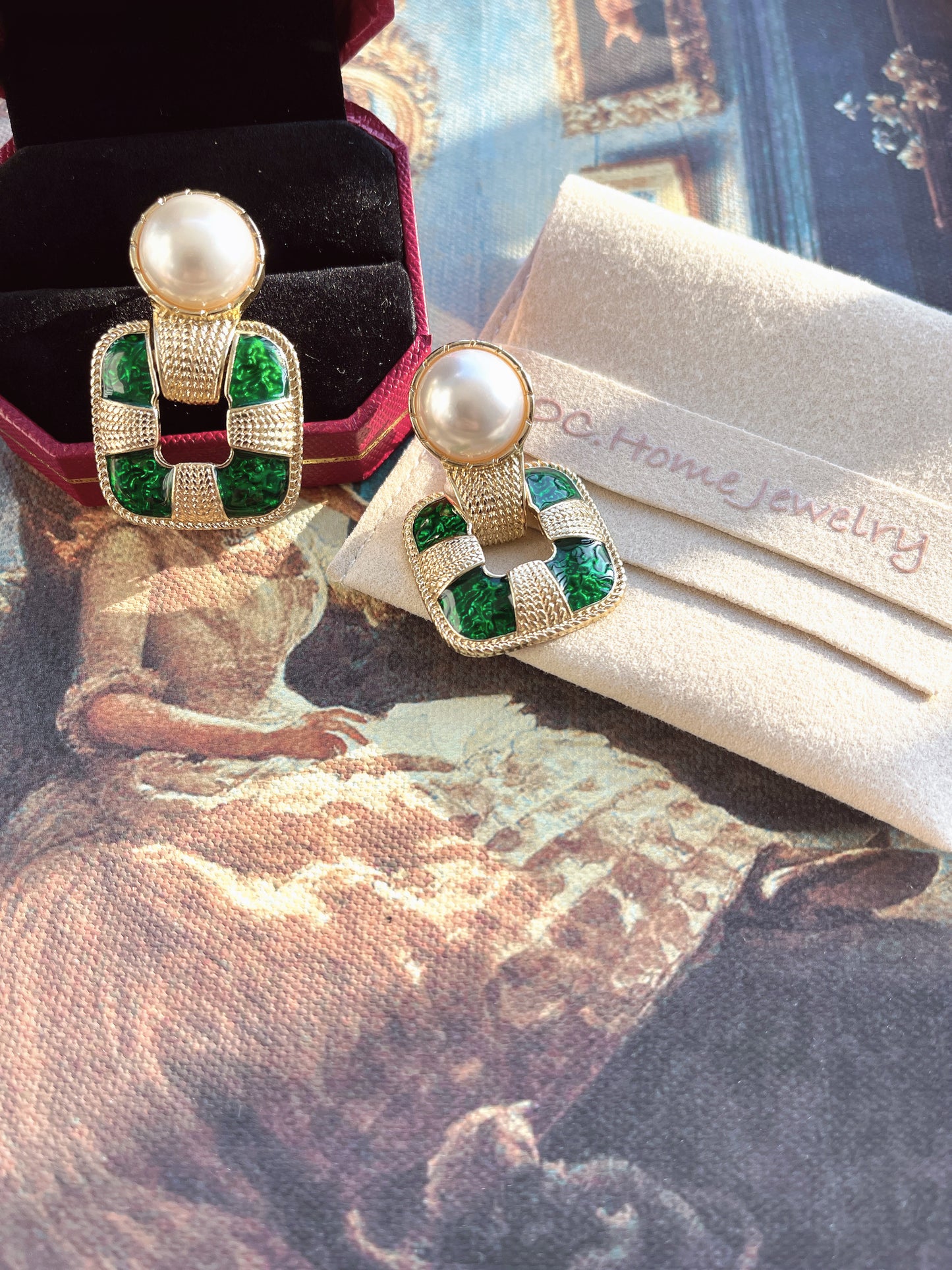 S925 Vintage Green Drop Glaze with Studs Earrings