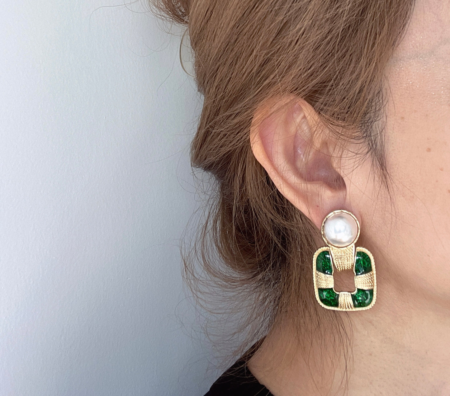 S925 Vintage Green Drop Glaze with Studs Earrings