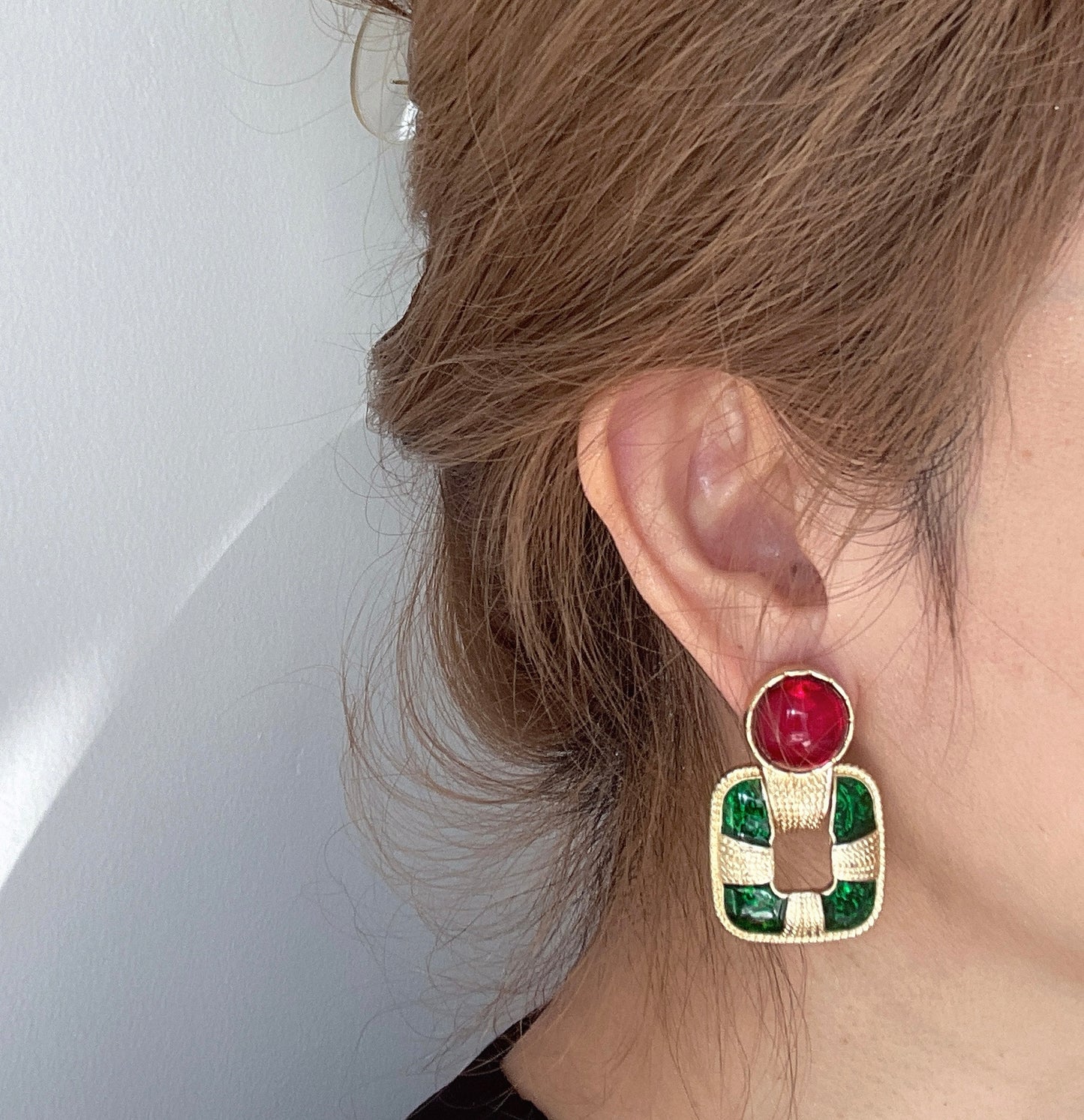 S925 Vintage Green Drop Glaze with Studs Earrings